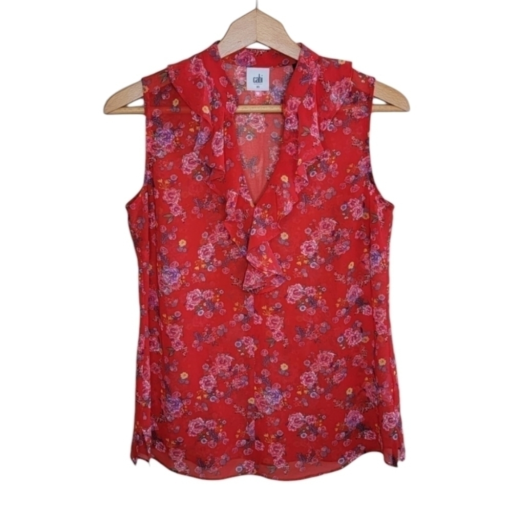 Cabi #5219 Crush Red Floral Sheer Sleeveless Blouse with Ruffle Size XS Summer